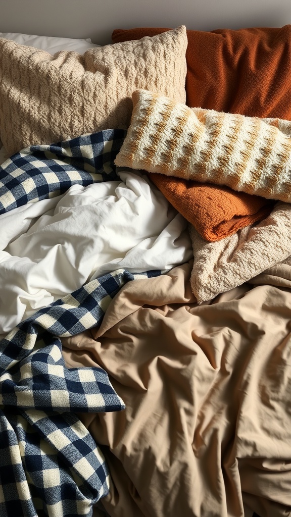 A cozy bed with various textured pillows and blankets in warm colors.