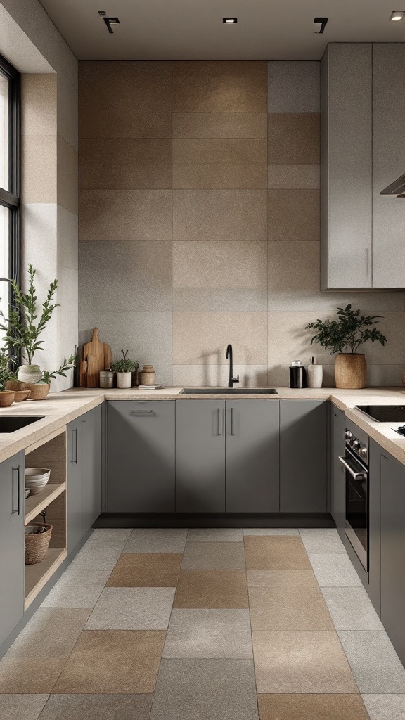 A modern kitchen featuring textured cement tiles in earthy tones.