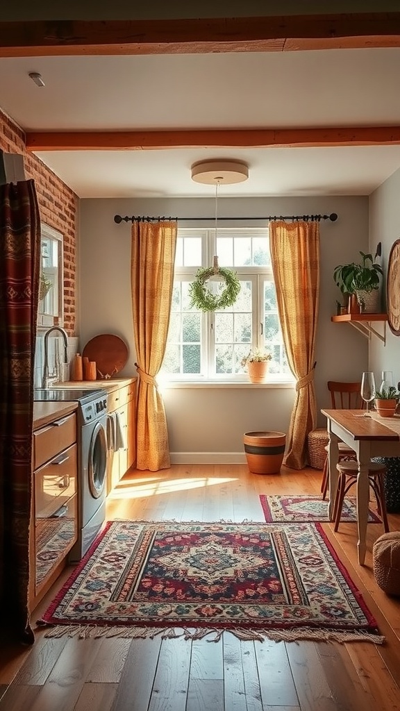 A boho-style kitchen featuring warm-colored curtains, a patterned area rug, and wooden furniture.