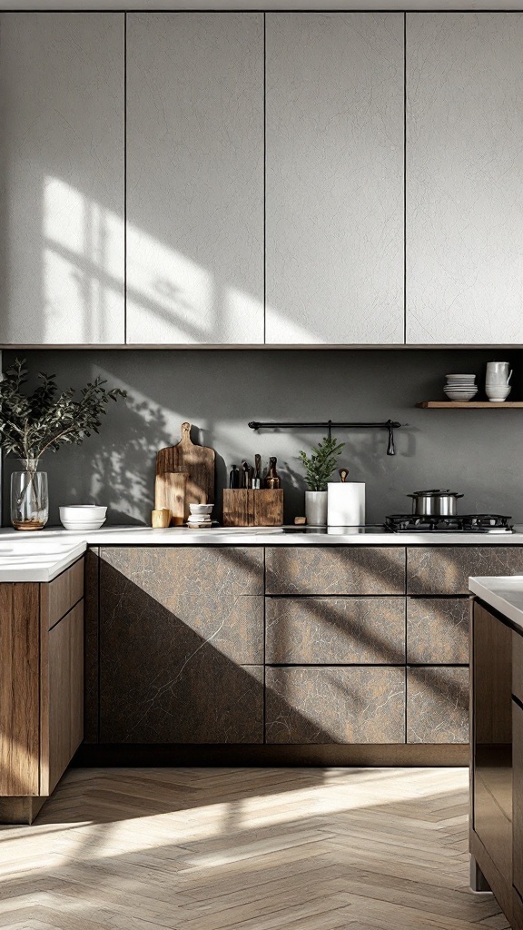 A modern kitchen showcasing textured cabinet finishes with a light color scheme and wood accents.