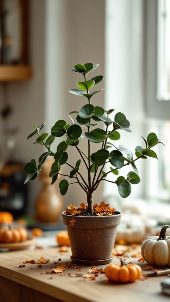 Pilea Peperomioides plant on a table surrounded by autumn decorations