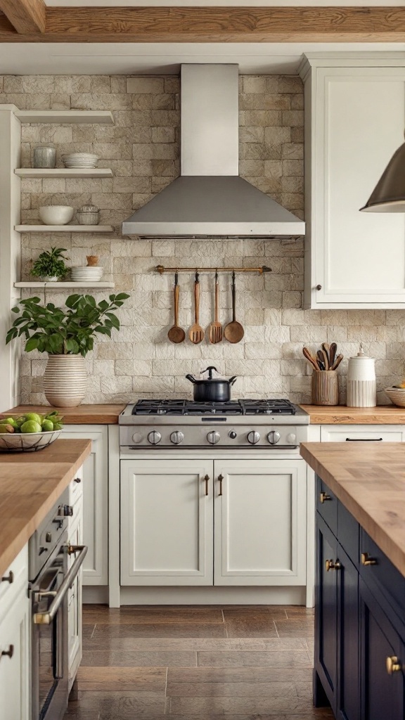 A kitchen featuring textured stone tiles on the wall, with a stove, wooden countertops, and decorative elements.