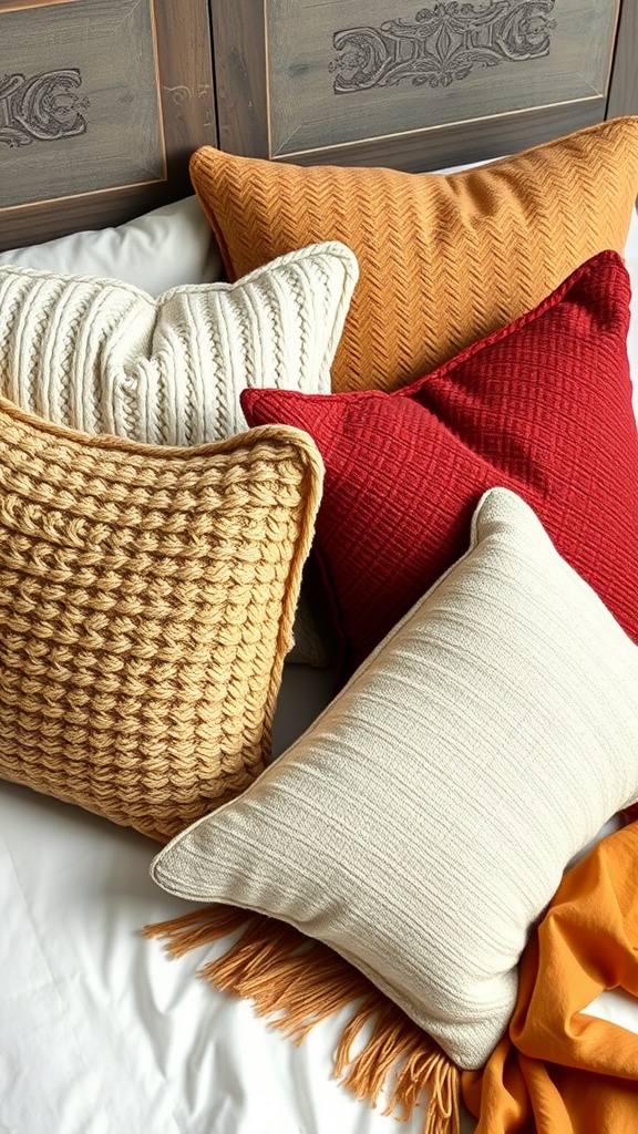 A collection of textured throw pillows in autumn colors arranged on a bed.