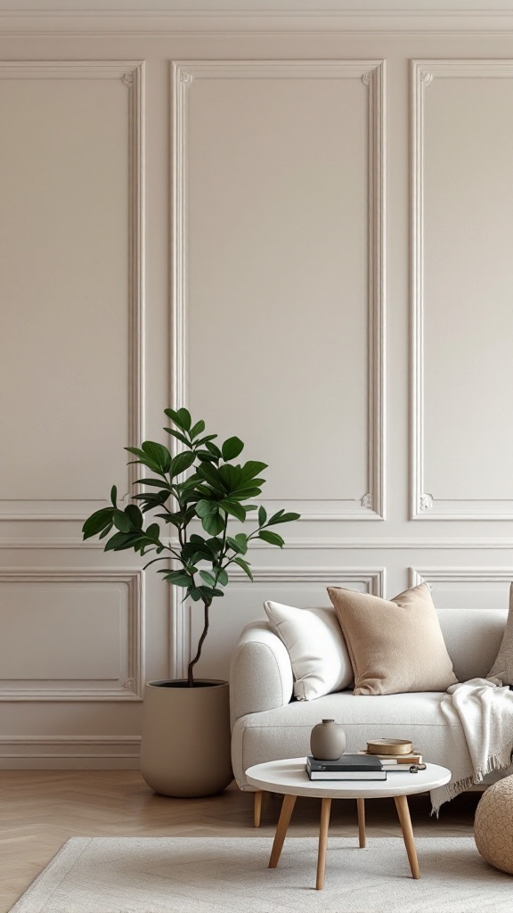 A cozy living room with textured wall finishes, featuring a white sofa and a potted plant.