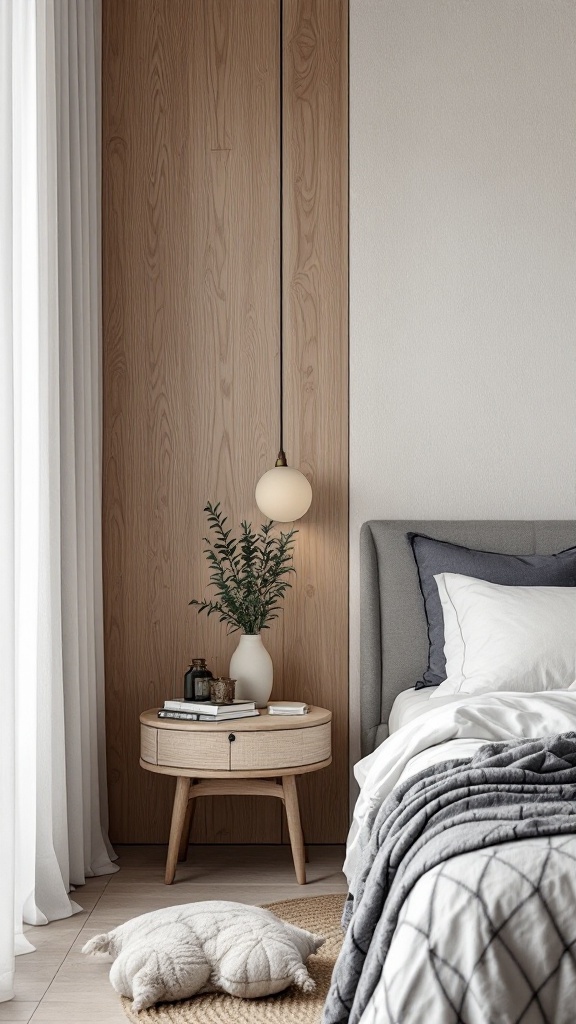 A Scandinavian bedroom featuring textured wall treatments with wooden panels and soft furnishings.