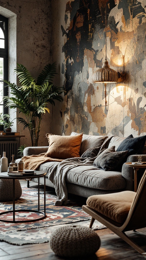 Eclectic living room showcasing a fusion of textures and patterns with a cozy sofa and vibrant rug.