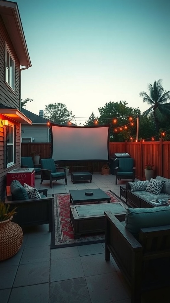 Patio set up for an outdoor movie night with a screen and cozy seating.