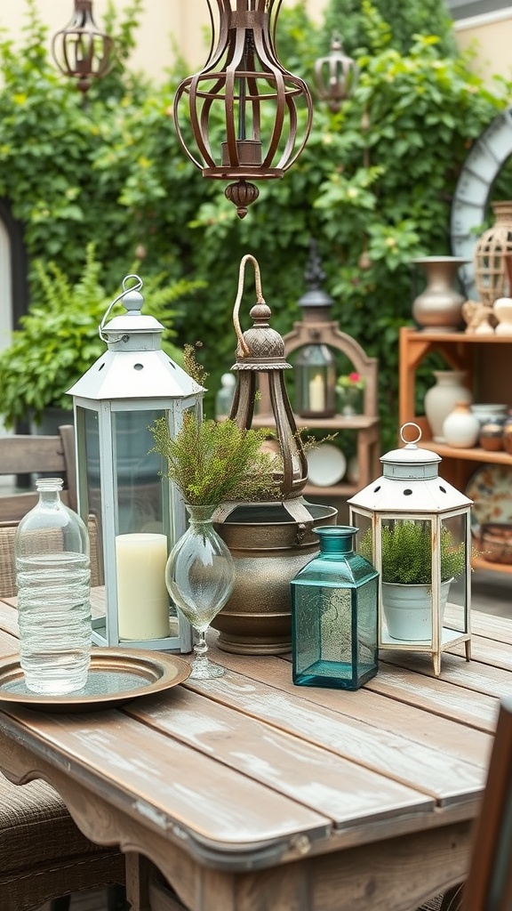 A collection of decorative items like lanterns and vases displayed on a wooden table in a cozy patio setting.