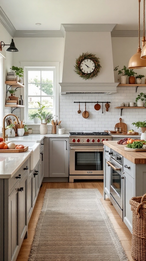 A beautifully designed farmhouse kitchen featuring a cozy nook with a wooden table, quartz countertops, and modern farmhouse touches.