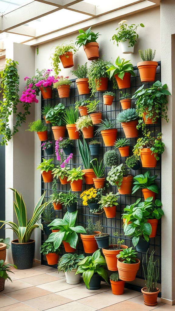 A vibrant vertical garden with various plants in terracotta pots on a wall.