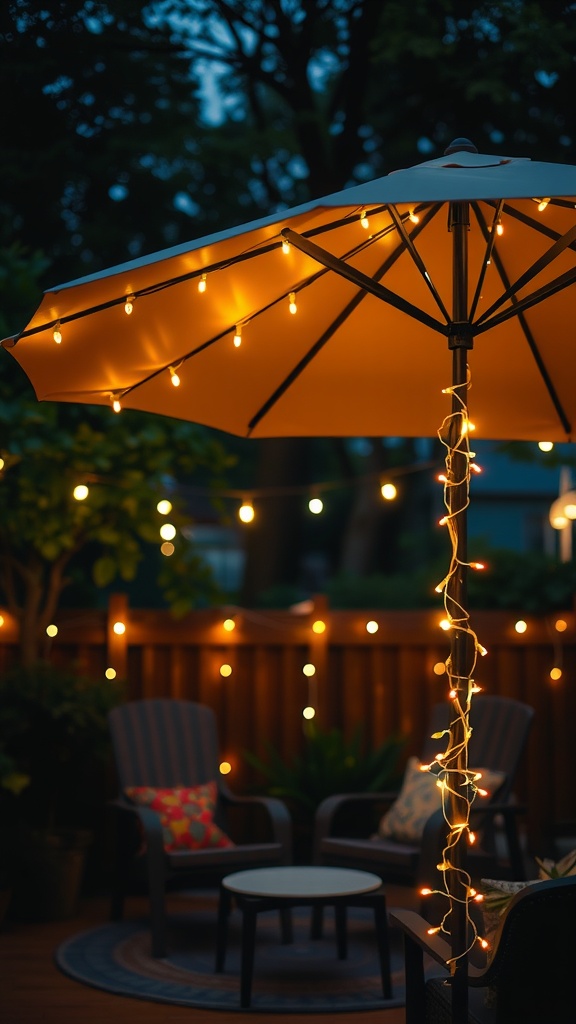 A cozy patio with twinkling string lights wrapped around an umbrella, creating a warm atmosphere.