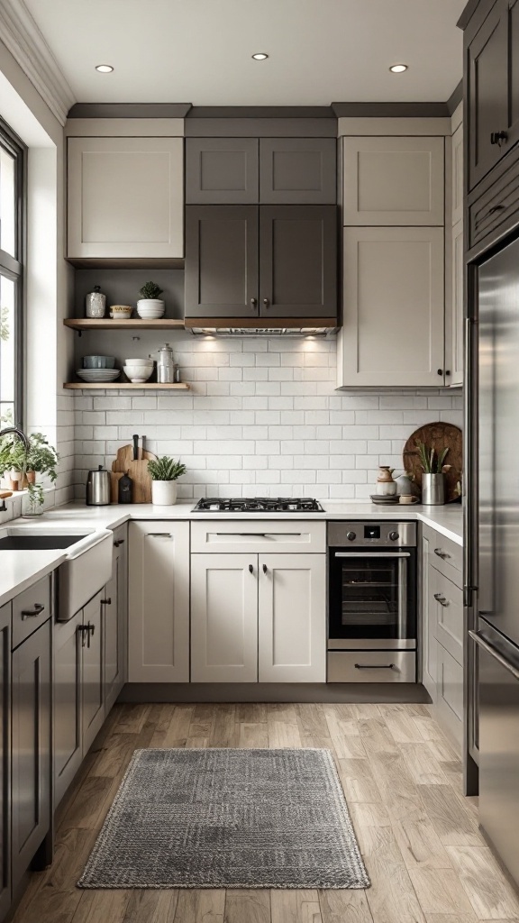 A modern kitchen featuring two-tone cabinetry with dark upper cabinets and light lower cabinets.