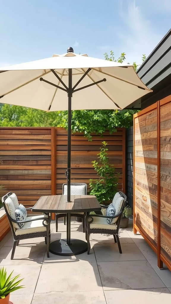 A patio with a large umbrella and bamboo privacy screens, creating a cozy outdoor space.