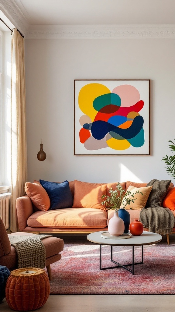 A cozy living room featuring a bright abstract artwork, colorful pillows, and stylish decor.