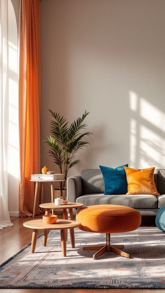 A bright living room featuring orange curtains, colorful cushions, and a stylish ottoman.