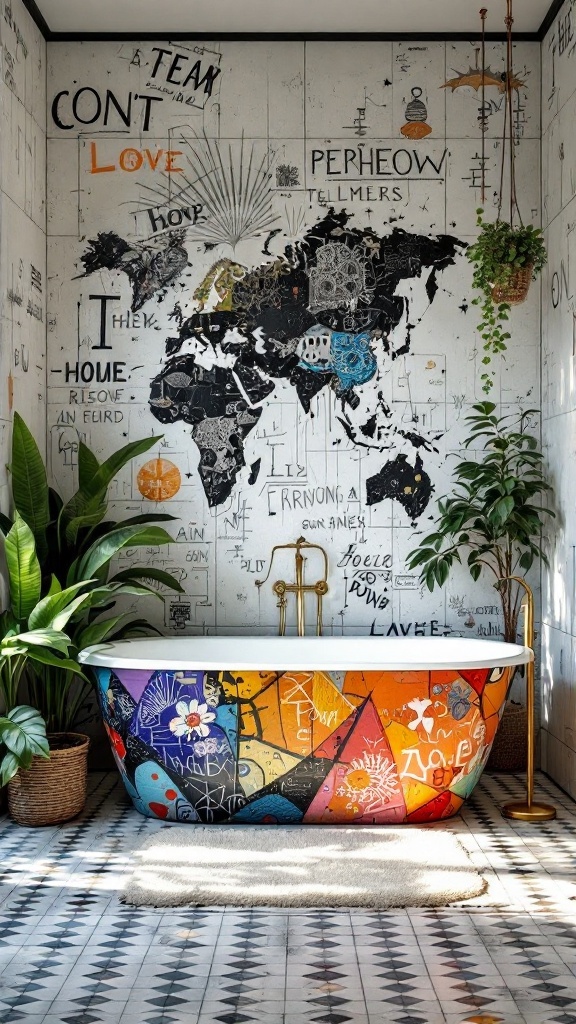 A vibrant, artistic bathtub in a bohemian-style bathroom with plants and a colorful wall.