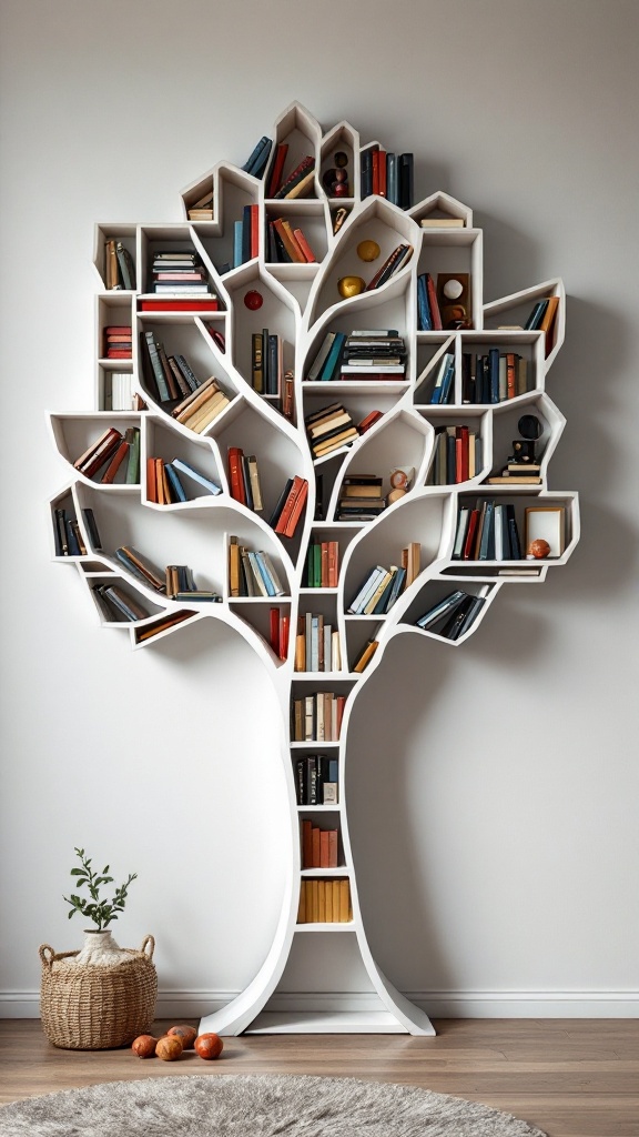 A creatively shaped bookshelf resembling a tree with colorful books and decorative items.