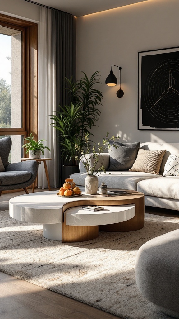 A stylish living room featuring a unique coffee table made of wood and marble, surrounded by cozy seating and plants.