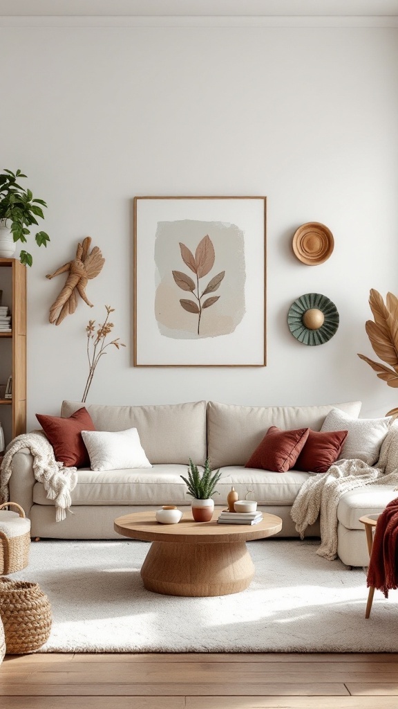 A cozy living room with a neutral sofa, decorative pillows, a round coffee table, and various decorative objects like vases and wall art.