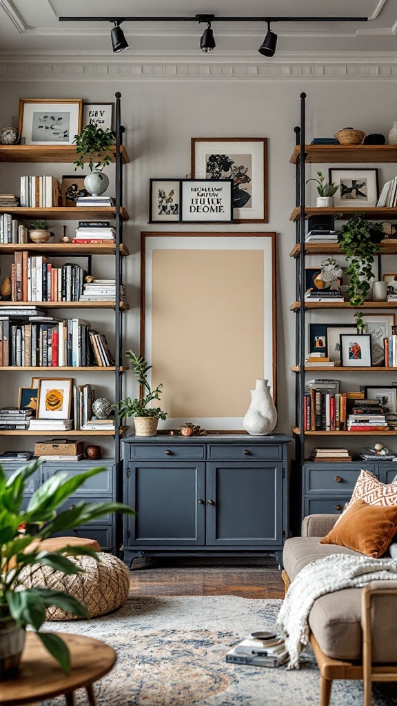 A stylish living room featuring unique shelving solutions with books, plants, and artwork.