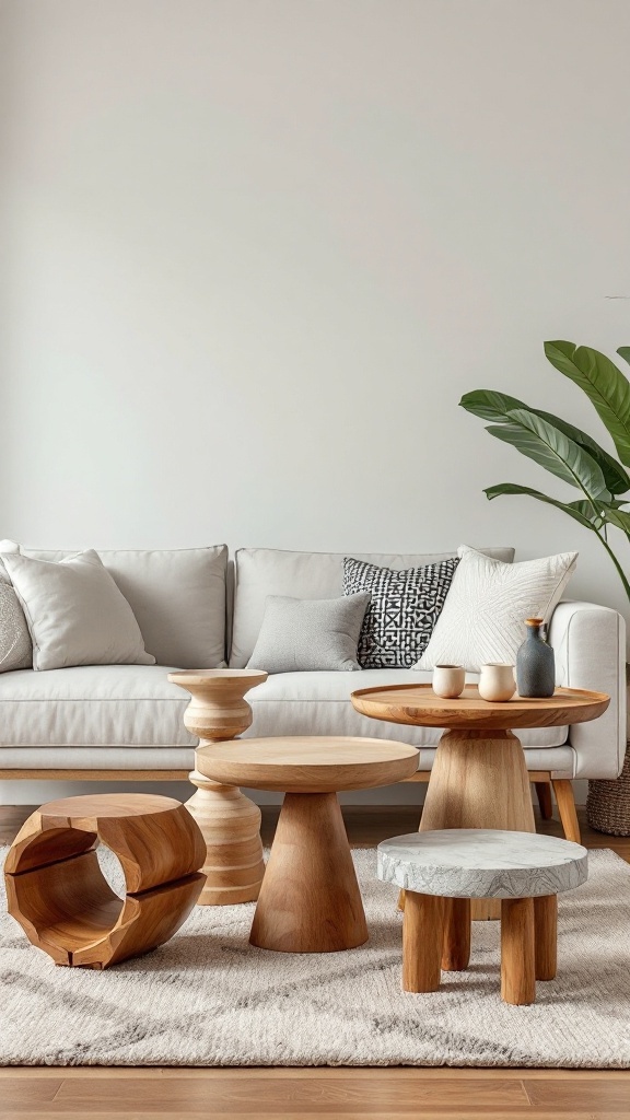 A variety of unique side tables in a living room setting, showcasing different shapes and materials.