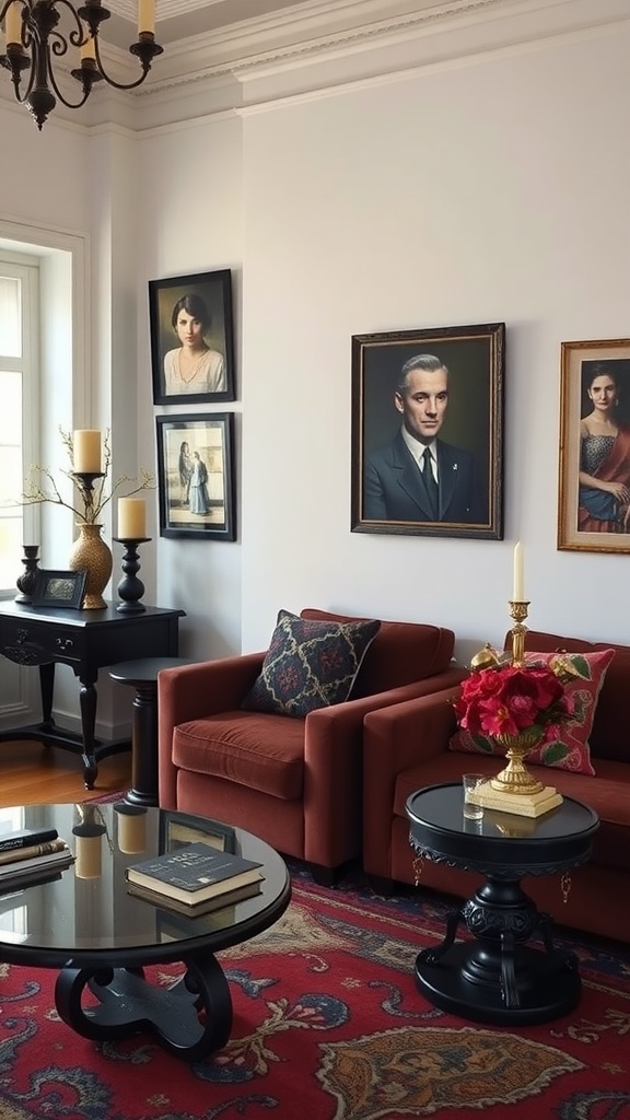 A gothic-inspired living room featuring unique side tables and rich decor.