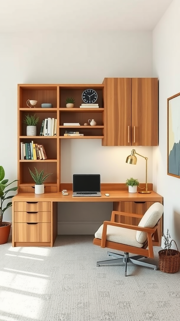 A modern workspace featuring a wooden desk with shelves, plants, and a cozy chair.