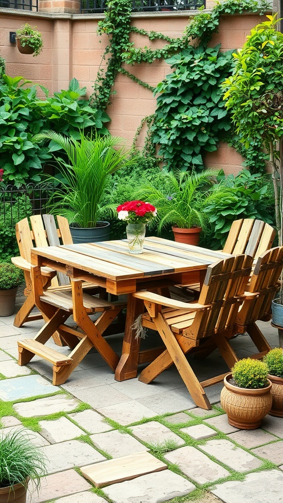 A wooden patio table and chairs surrounded by lush greenery.