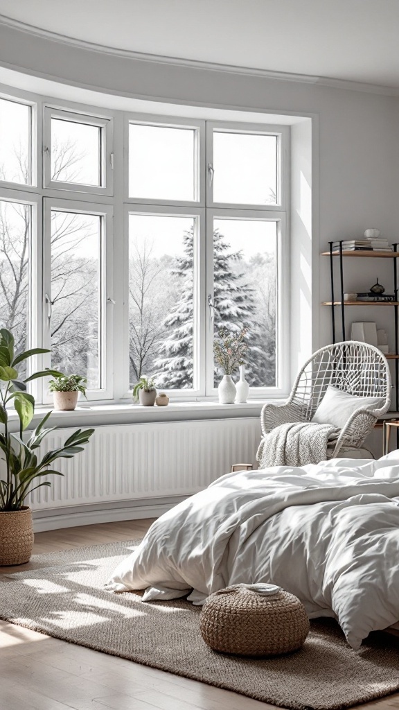 A bright Scandinavian bedroom with large windows allowing natural light, featuring a cozy bed and plants.