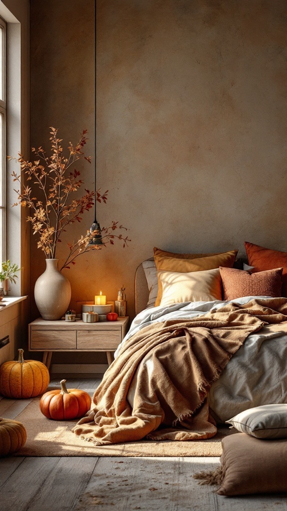 A cozy bedroom decorated with earthy tones, featuring pumpkins, warm bedding, and a soothing atmosphere.