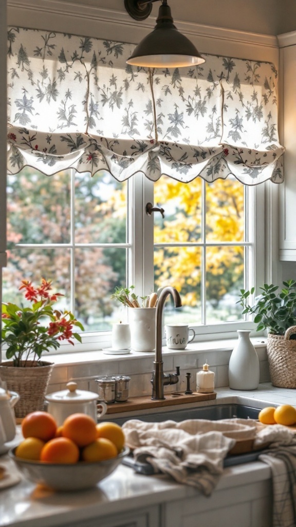 Kitchen window with floral valance and natural light, showcasing a cozy farmhouse vibe.