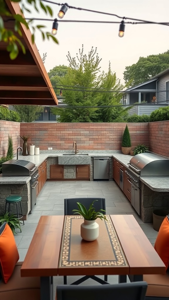 An outdoor kitchen featuring a modern layout with a quartz countertop, rustic elements, a central bar area, pizza oven, built-in sink, and a stylish gazebo.