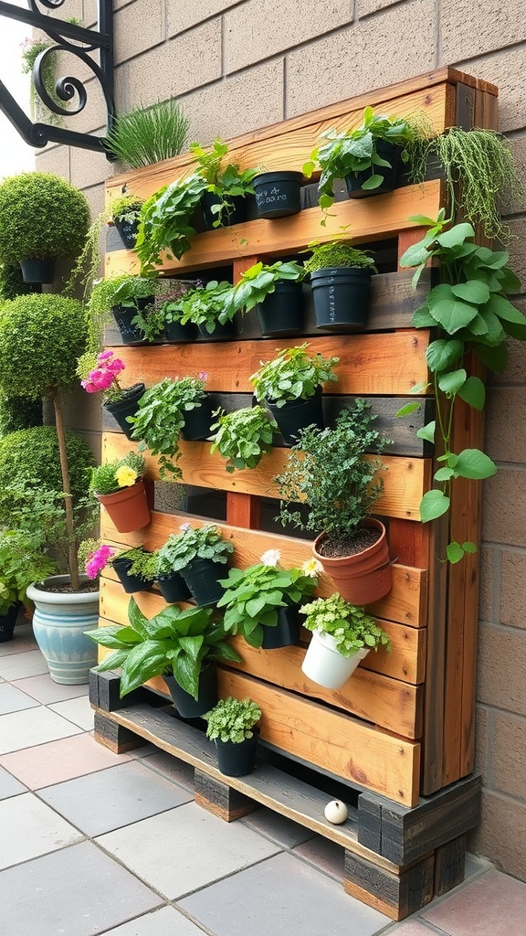 Vertical garden made with wooden pallets and potted plants