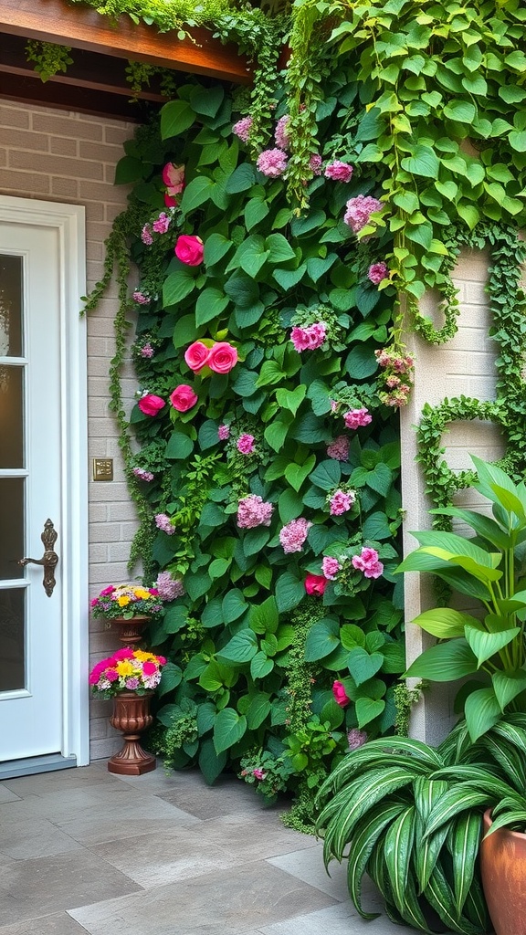 A vibrant vertical garden wall with various green plants and flowers next to a door.