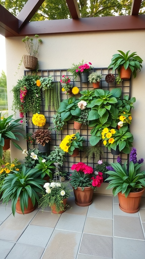 A vertical garden wall with various colorful plants and flowers in pots.