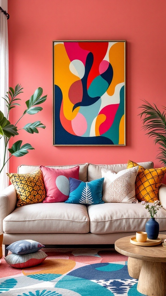 Eclectic living room with vibrant colors and patterns, featuring a colorful rug, bright cushions, and a striking wall art.