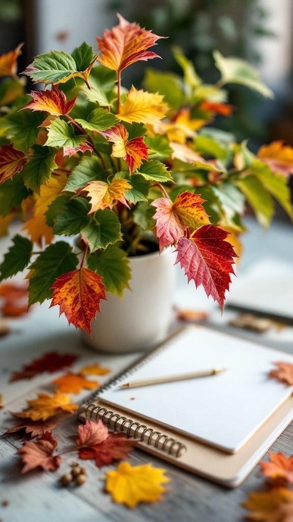 A vibrant croton plant with colorful leaves placed next to a notebook and fallen autumn leaves.