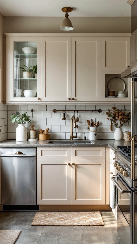 A vintage-inspired kitchen with light-colored cabinets and rustic decor.