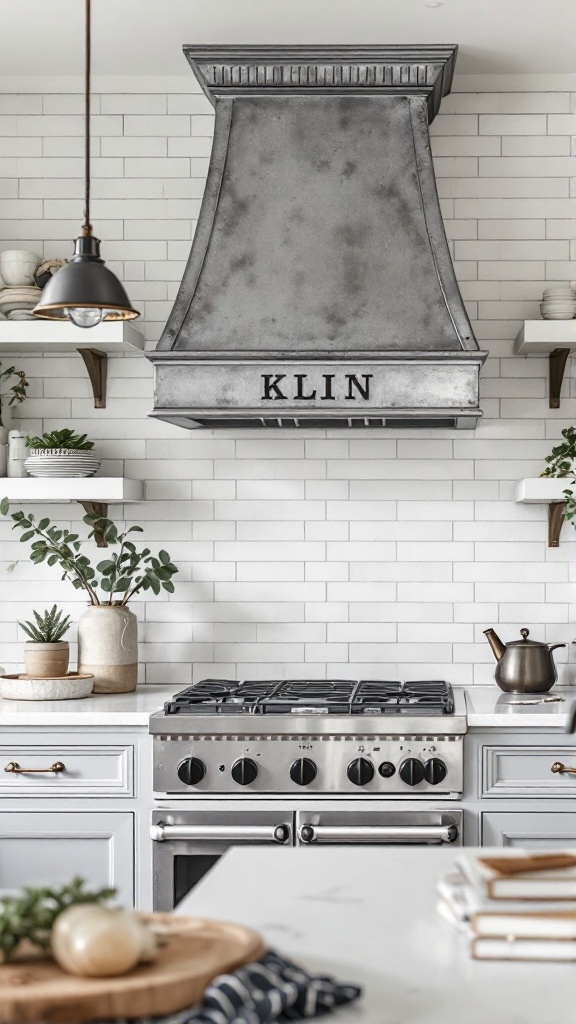 A cozy farmhouse kitchen featuring vintage-inspired zinc lighting and a rustic range hood.