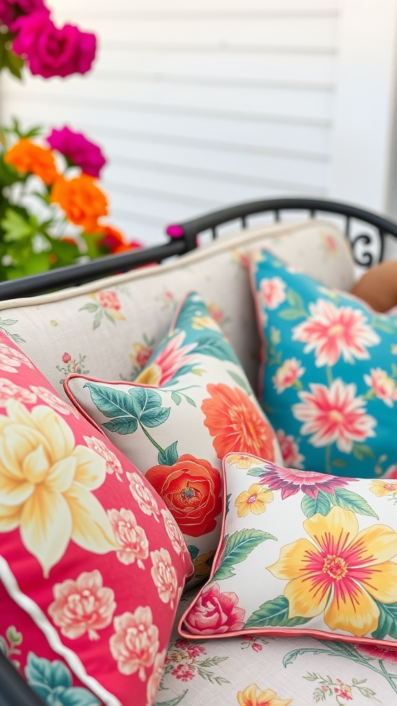 Colorful floral vintage-style cushions on a patio couch.