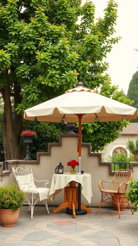 A vintage-style patio with an umbrella, chairs, and a table surrounded by greenery.