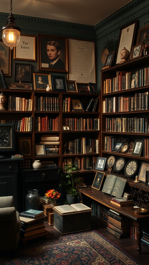 A cozy living room filled with vintage books, curiosities, and decorative items.