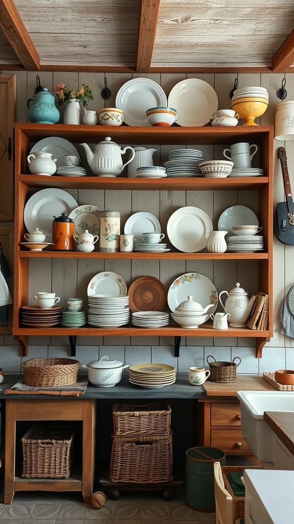 Wooden shelves displaying vintage dishware, including plates, cups, and decorative items.