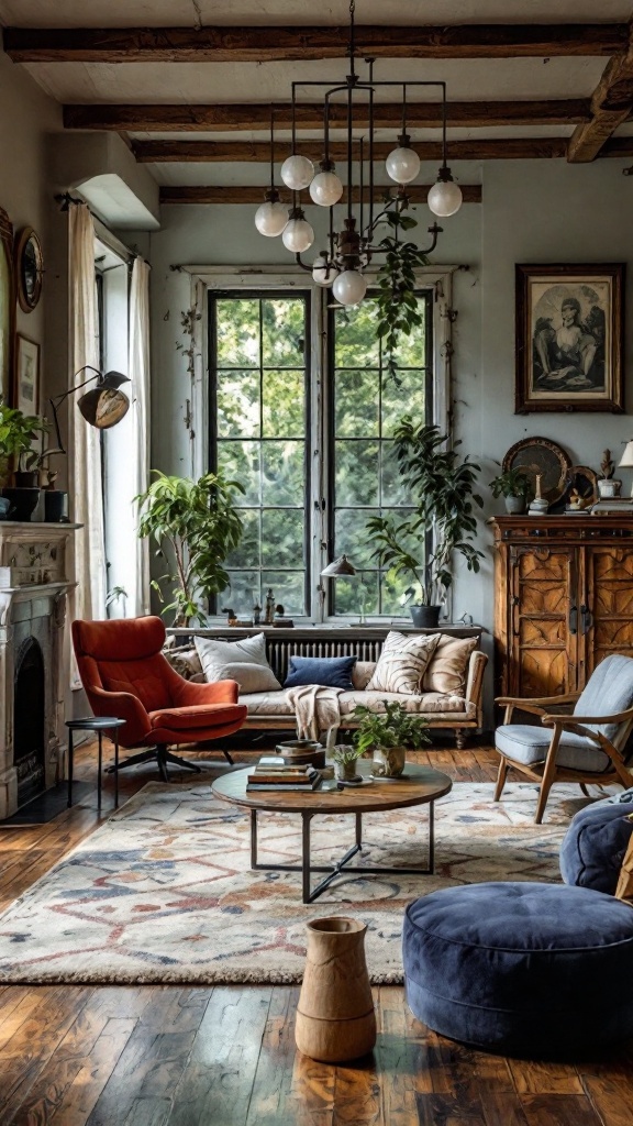 A cozy living room featuring vintage furniture, plants, and warm lighting.