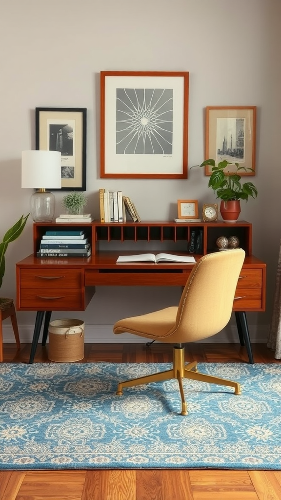 A cozy vintage-inspired home office setup featuring a stylish desk, a golden chair, and decorative wall art.