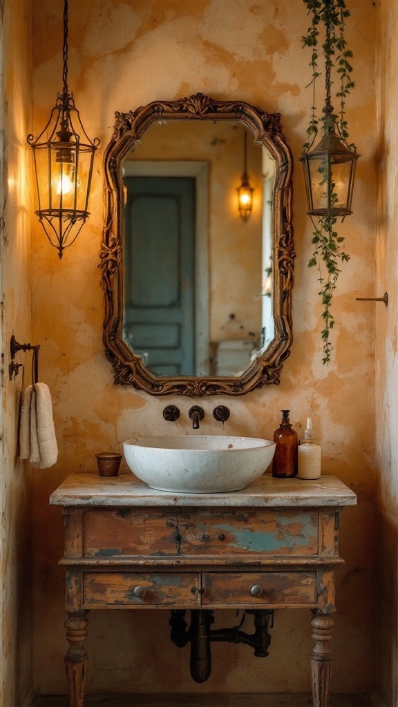 A vintage mirror above a washbasin in a cozy bathroom, featuring warm lighting and rustic elements.