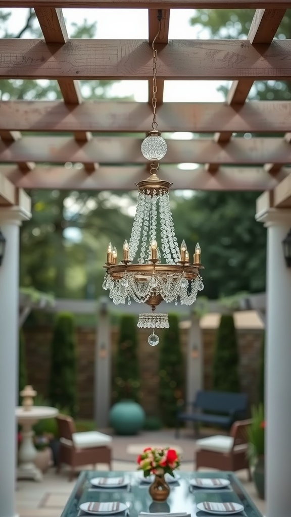 A vintage outdoor chandelier hanging above a patio dining table.