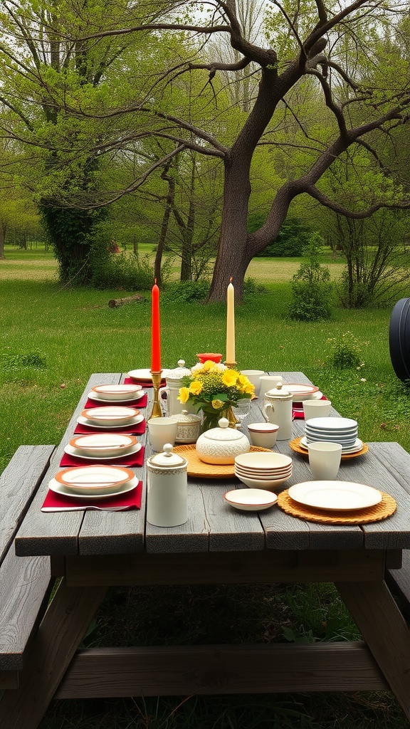 A vintage picnic table set with plates, cups, and flowers in a grassy outdoor area.