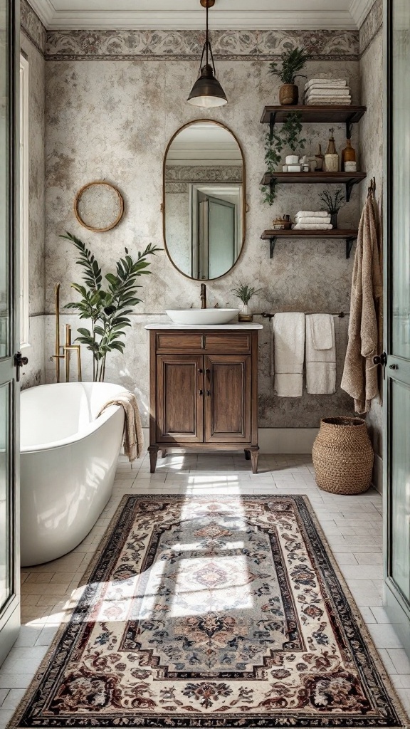 A stylish boho bathroom featuring a vintage rug, bathtub, and wooden vanity.