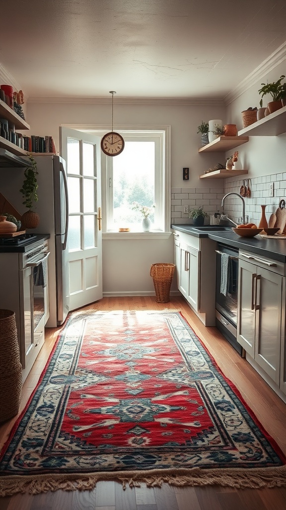 A cozy kitchen featuring a vintage rug with rich colors and patterns.